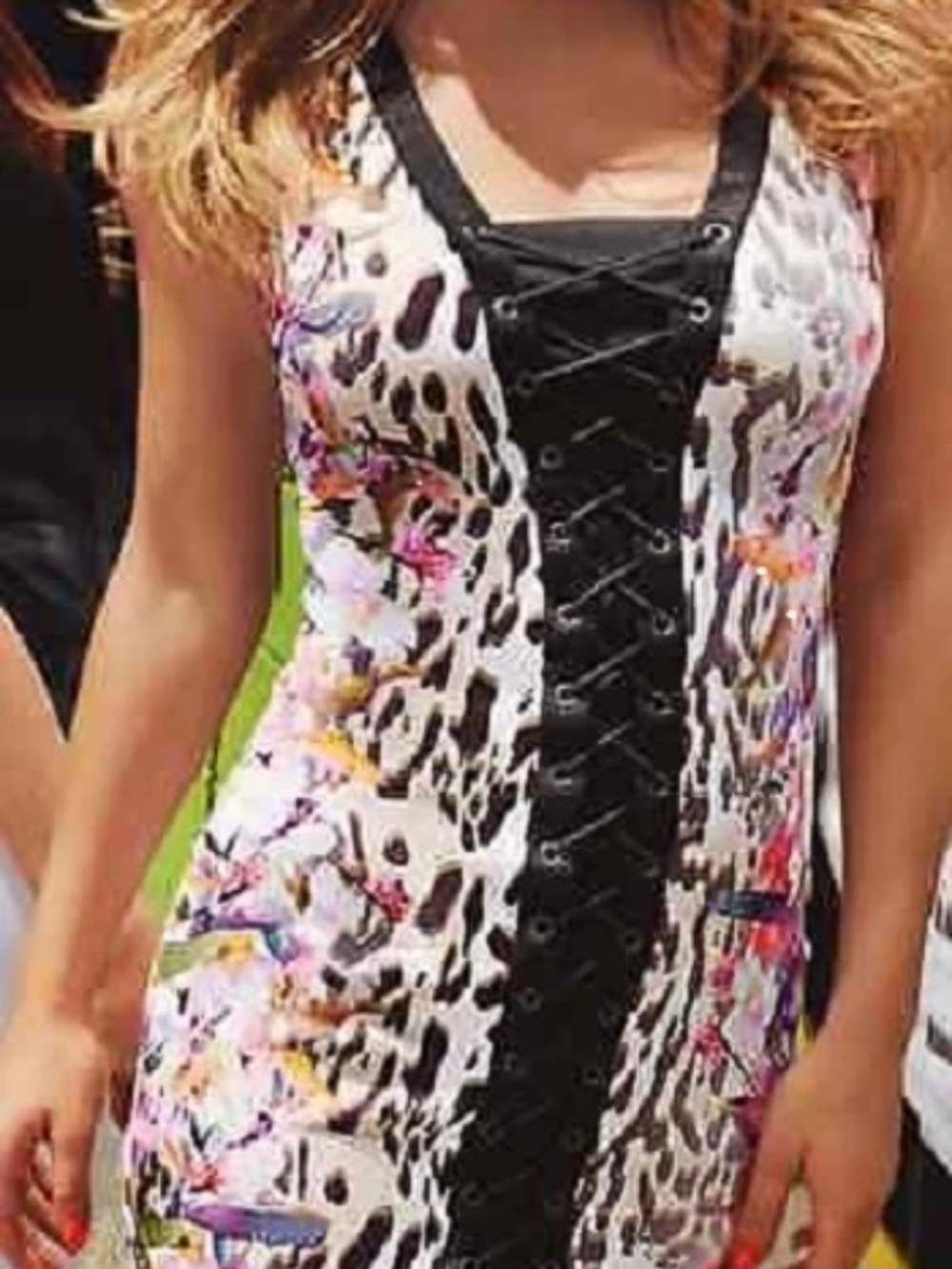$130 New bebe black pink lace up floral multi printed bodycon sexy top dress